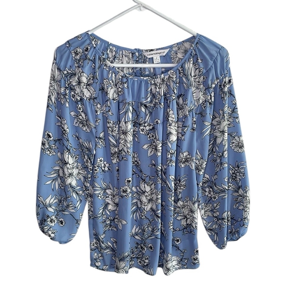 COUNTERPARTS WOMENS LIGHT BLUE FLORAL FLOWY BLOUSE SIZE SMALL